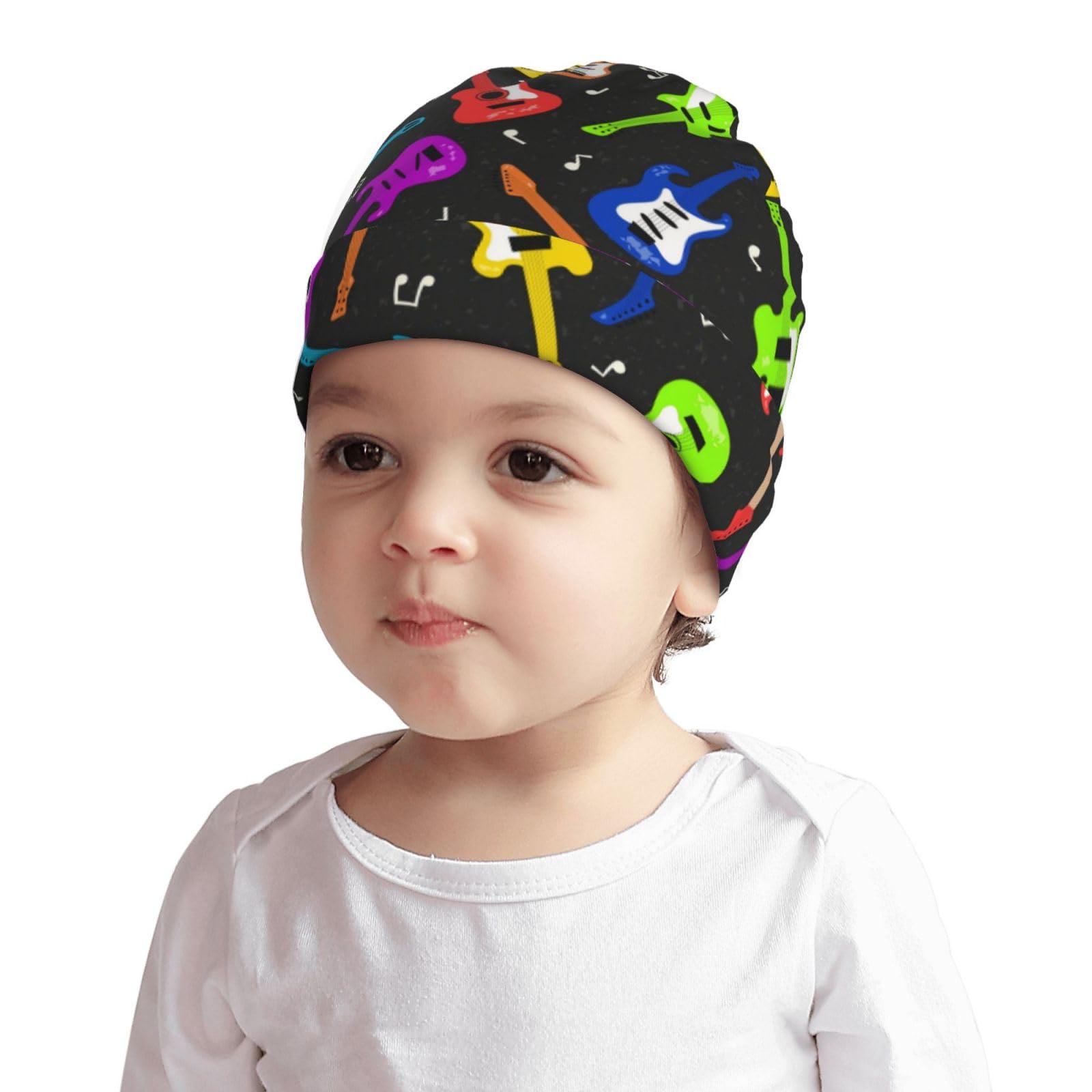 Rqzwdq Guitar and Musical Notes Pattern Kids Beanie Hats Warm Knit Beanie Cap Skull Caps Gifts Decor for Boys Girls