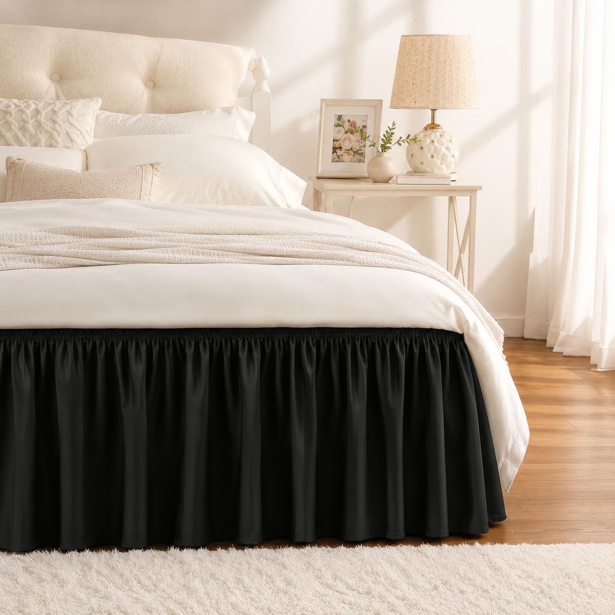 RIMELA Black Bed Skirt Twin Size 15 Inch Drop, Elastic Bed Skirting for Bed Base and Frame, Bedding Dust Ruffle Easy to Install, Lightweight Wrap Around Adjustable Bedskirt