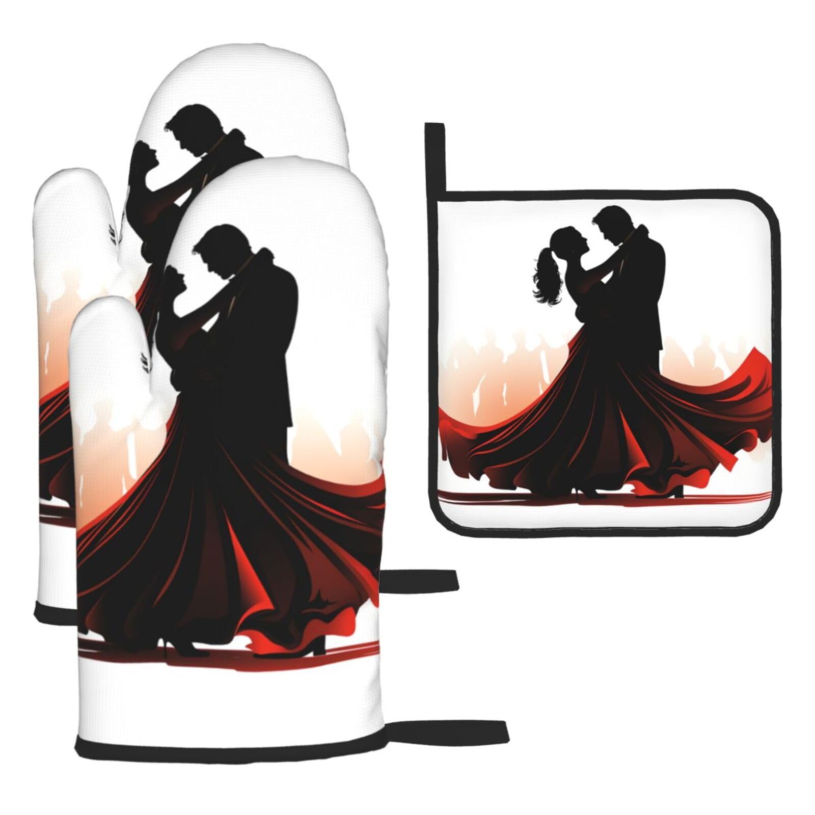 3 Piece Oven Mitts and Pot Holders Set Heat Resistant Oven Gloves and Potholders BBQ Gloves Hot Pads Ballroom Dance Cooking Gloves for Kitchen Baking Grilling