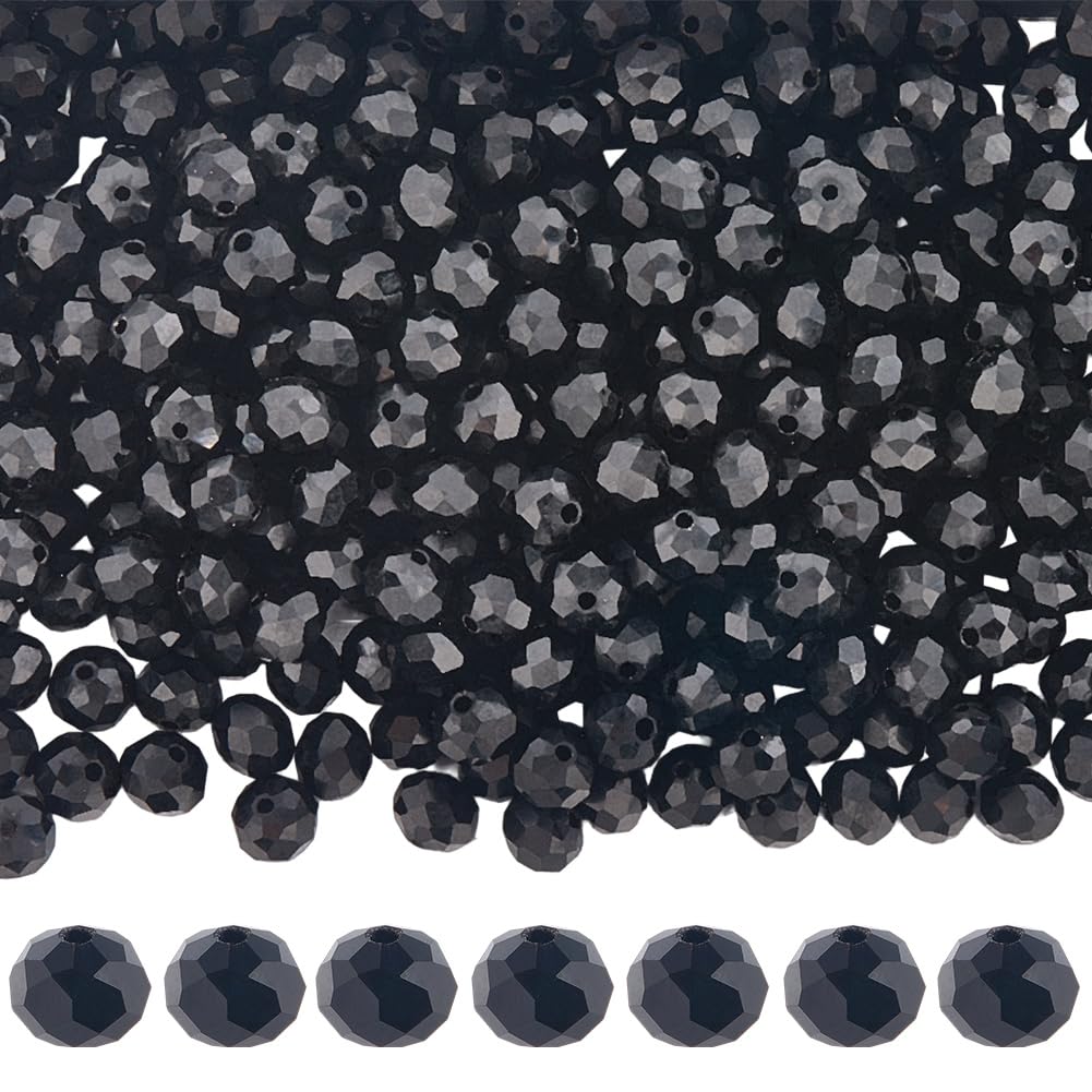 1 Box 10 Strands 830PCS 6MM Black Faceted Glass Beads with Hole Bicone Crystal Rondelle Opaque Czech Polished Loose Spacer Bead Bulk for Jewellery Making Necklace Bracelet Diy Crafts Supply