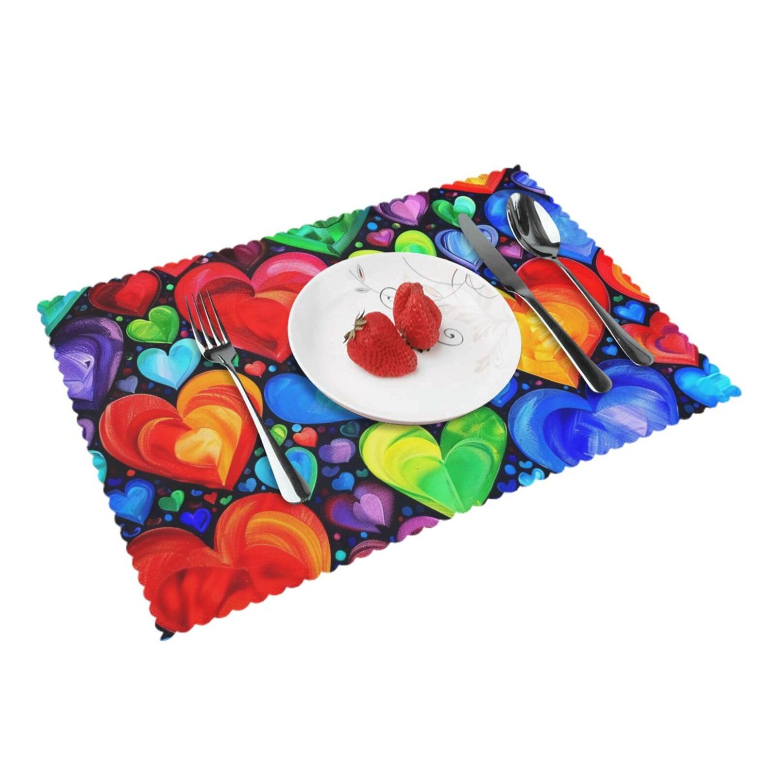 Rainbow Hearts Printed Placemat Heat Resistant Place Mats Set of 4 PCS Washable Kitchen Table Mats, 12x18 Inch