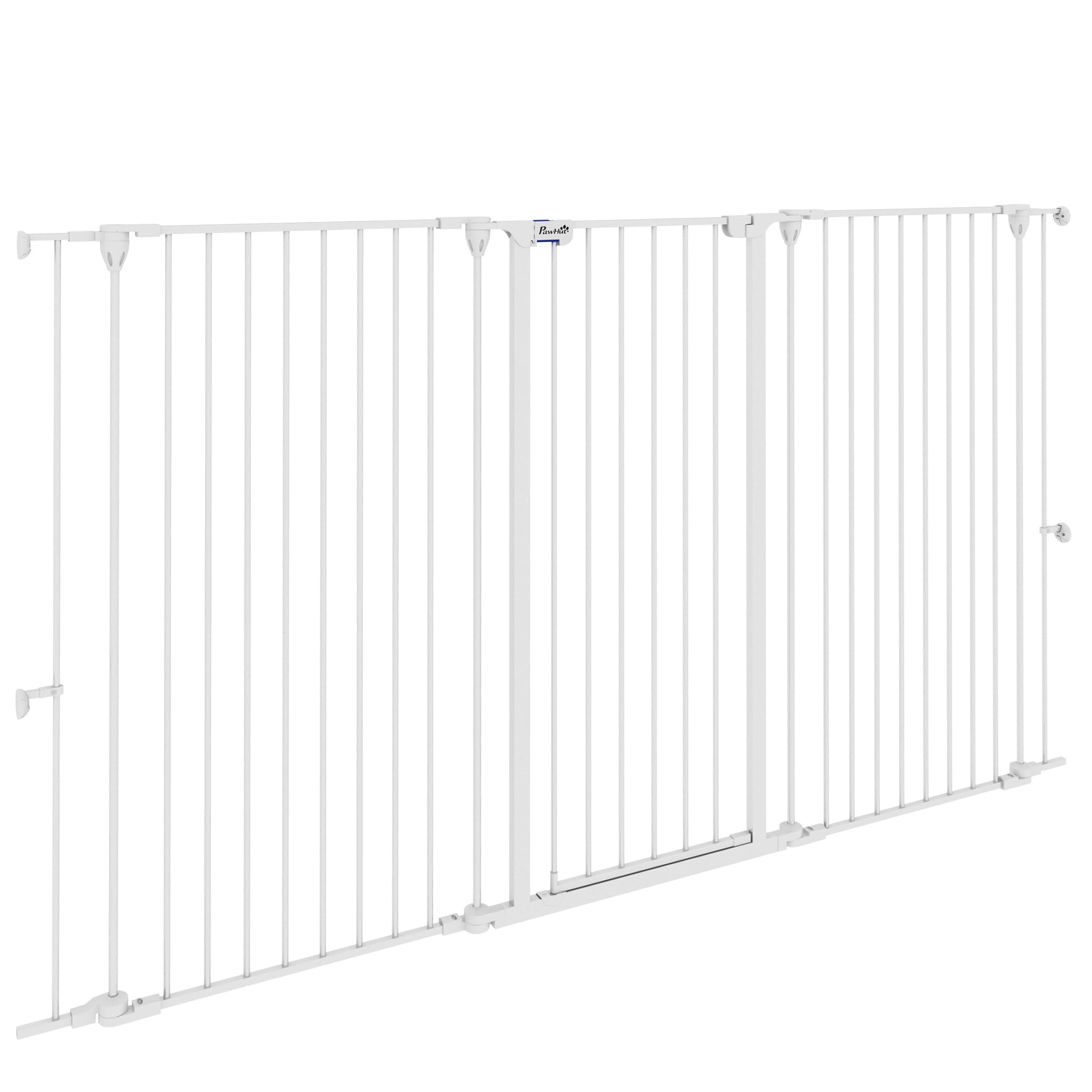 PawHut - Barrera de seguridad para perros de acero con 3 paneles plegables con doble cerradura y puerta integrada para puerta y escalera, 206 x 120 cm, color blanco