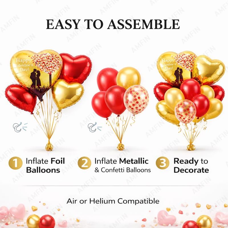 Image of AMFIN (Pack of 14) Happy Valentine's Day Balloon Decoration Set | Romantic Heart Foil Bouquet Metallic Helium Bunch Proposal Anniversary Celebration Party Decor - Golden