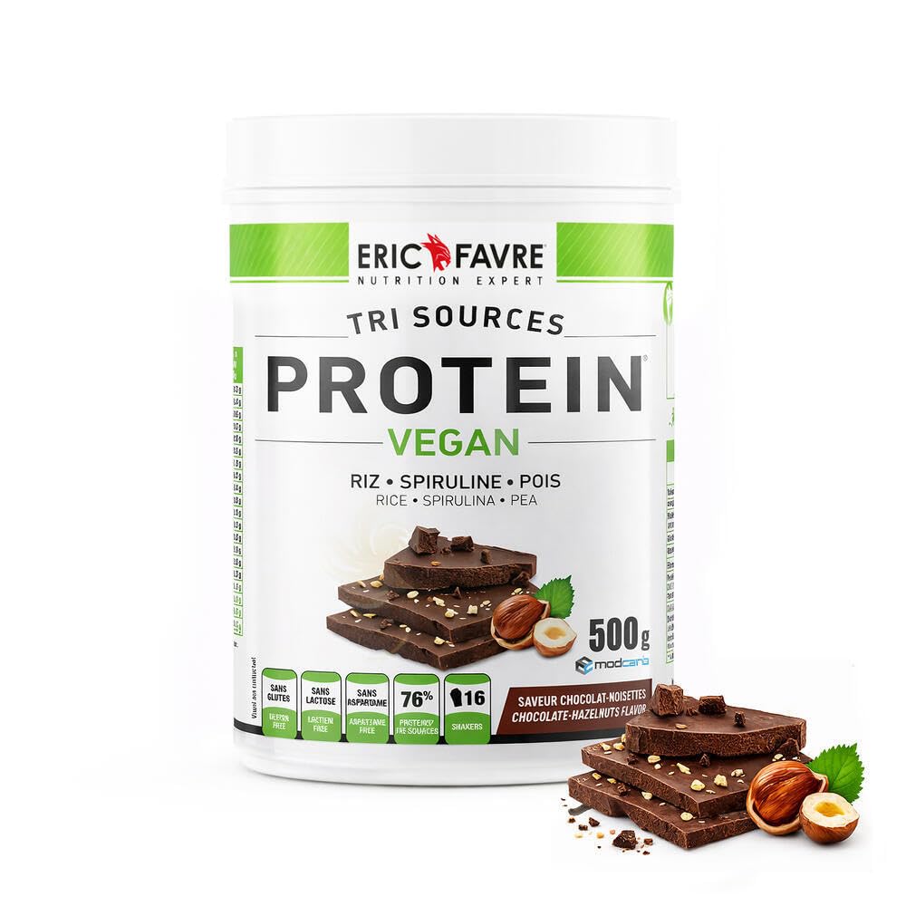 PROTEINES VEGAN TRI-SOURCE - Protéines Végétales Vegan Savoureuses Pour le Développement Musculaire - Riz Spiruline Pois - Assimilable Rapidement - 500g - Saveur Chocolat/Noisette - Eric Favre
