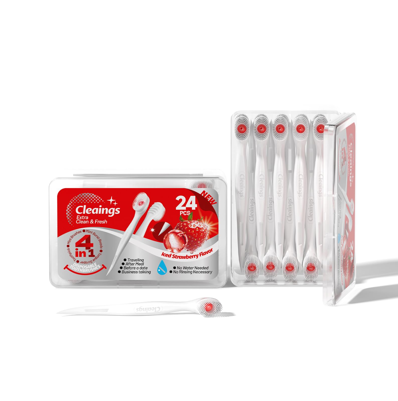 cleaings 4-in-1 使い捨て歯ブラシ 水不要 歯磨き粉内蔵 24本 舌クリーナー 歯間ブラシ付き ポータブル 携帯用 災害用備蓄 外出先ケア アイスストロベリー味