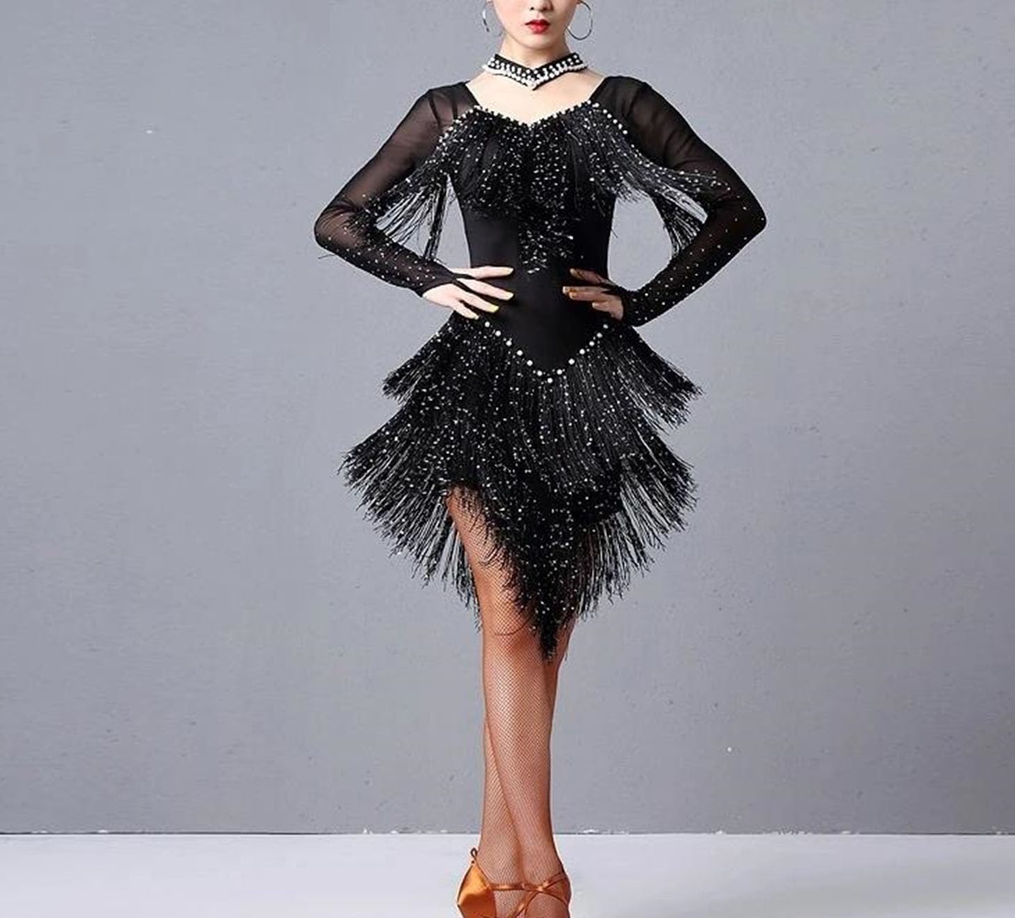 Women Latin Dance Competition Costume Winter Long Sleeve Fringed Dress Performance Wear