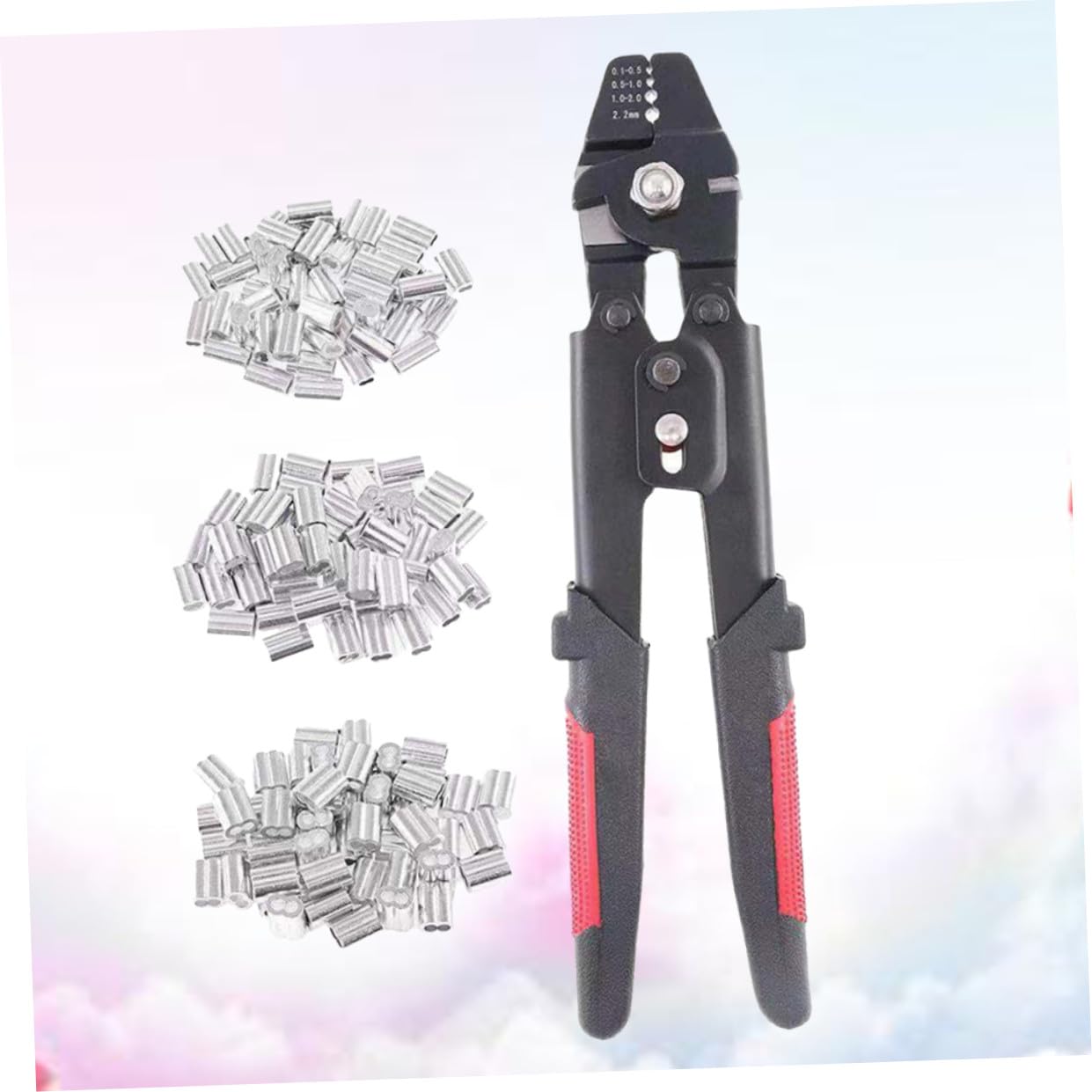 NUOBESTY Pinza Crimpatrice per Cavi e Corde con Manico Antiscivolo, Acciaio al Carbonio e Alluminio, 4 Posizioni di Crimpatura, Kit con 180 Manicotti in Alluminio per Pesca e Lavori