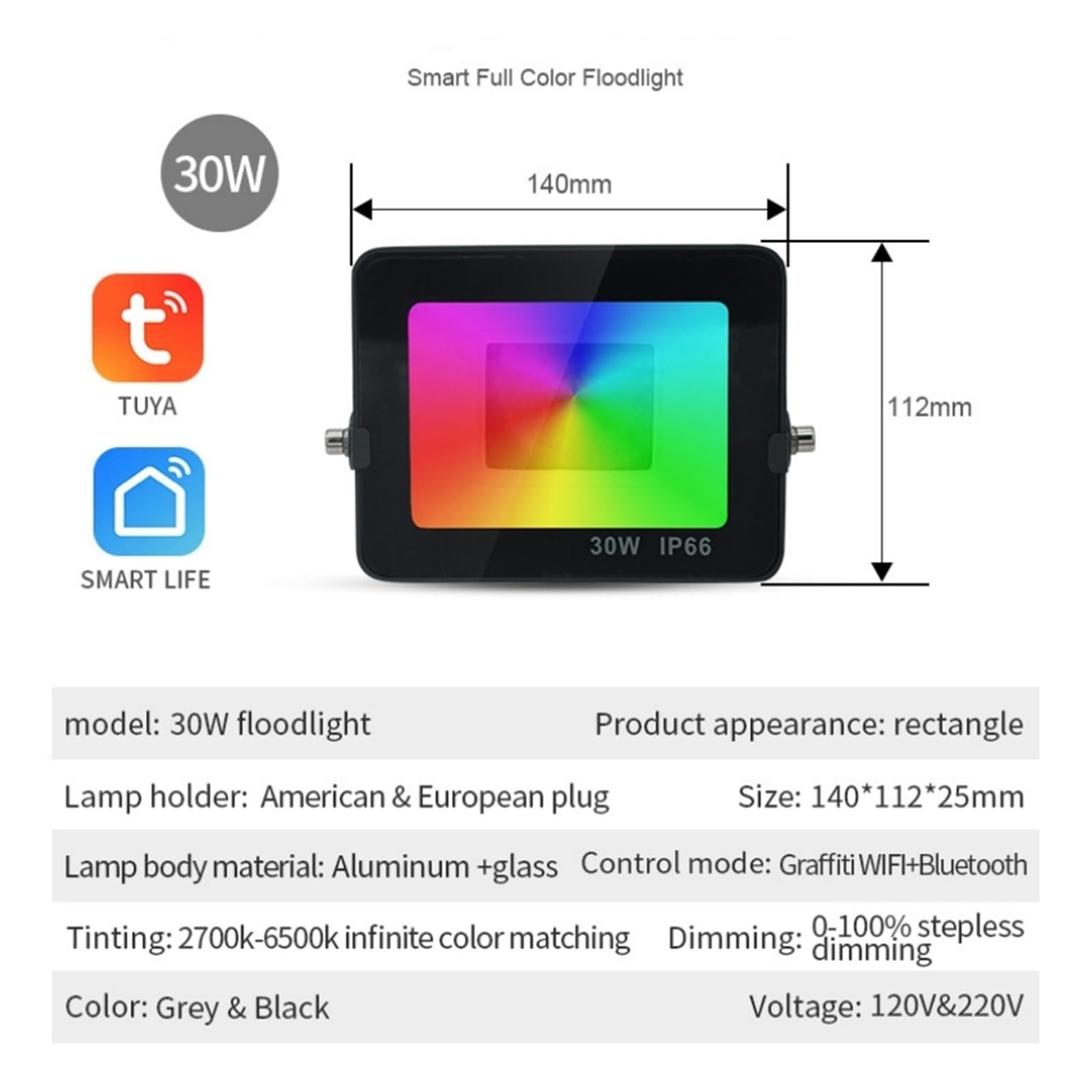Faretto LED da Esterno, Proiettore da Esterno con riflettore a LED 50/30W Smart Tuya proiettore Impermeabile con Controllo faretto RGB,per Giardino Corridoio Cortile(30W)
