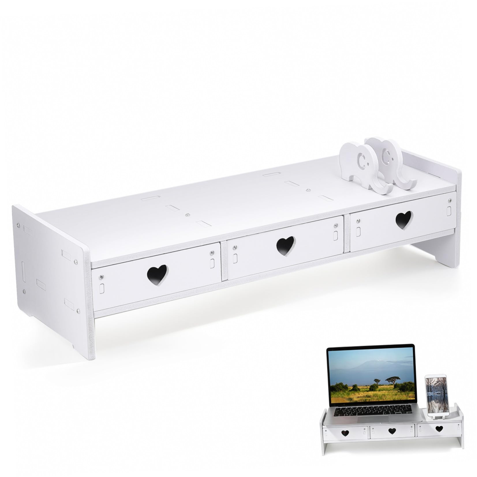 Alza Monitor da Scrivania Bianco in Pvc e Composito Legno-plastica Cassetto per Organizzazione Ufficio e Facile Pulizia, Supporto Minimalista per Computer e Tastiera