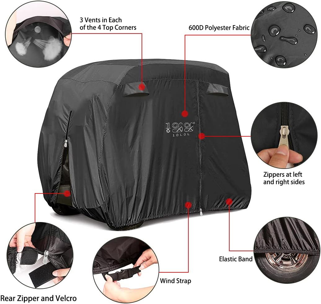 10L0L 500D Waterproof Golf Cart Cover Universal Fits for Club Car, E-Z GO, Yamaha and Most Brand 4 Passenger All-Weather Polyester Full Cover with Three Zipper Doors