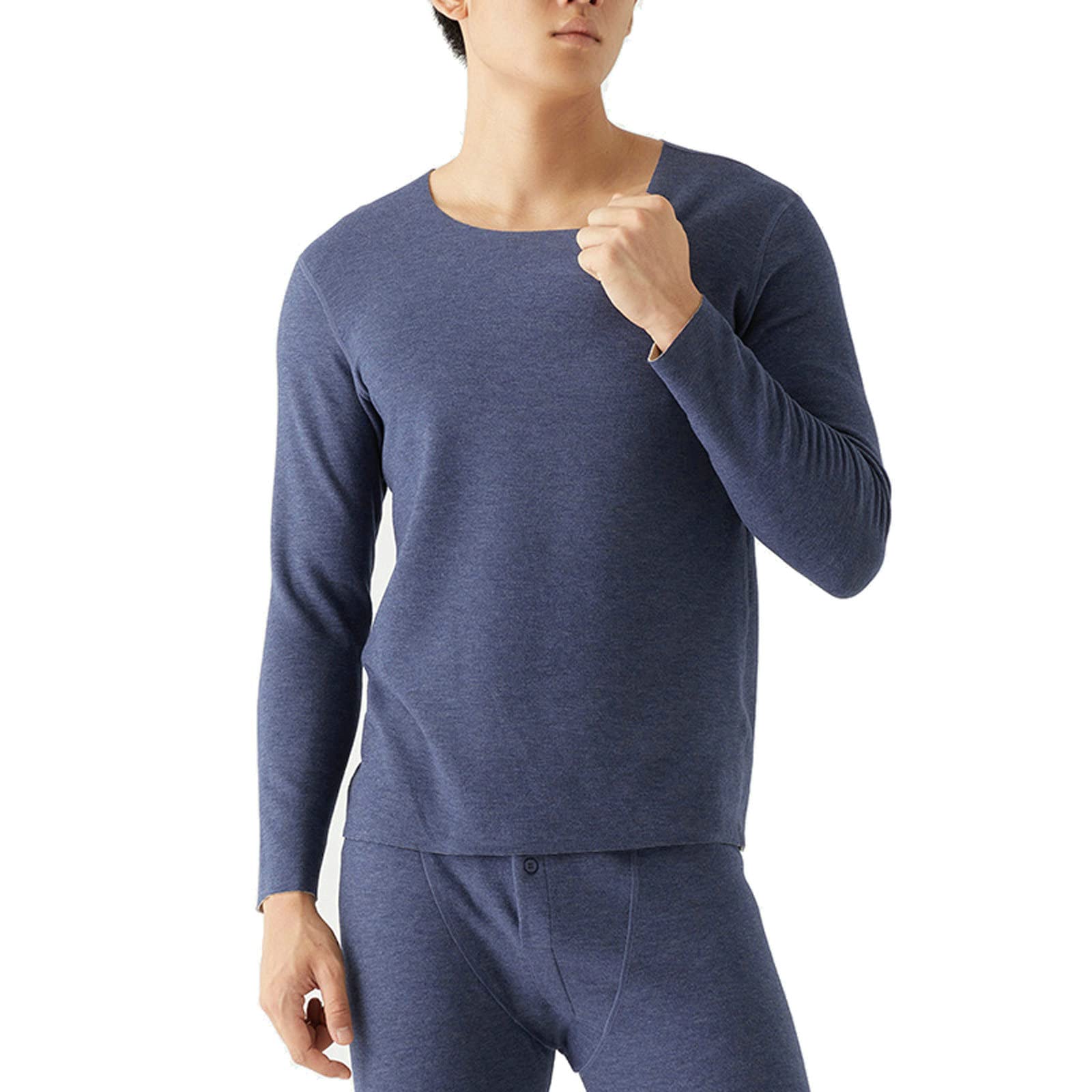 Aeici Ropa interior térmica Hombre Fibra Acrílico Cuello Redondo Top Manga Larga Hombre Azul Marino