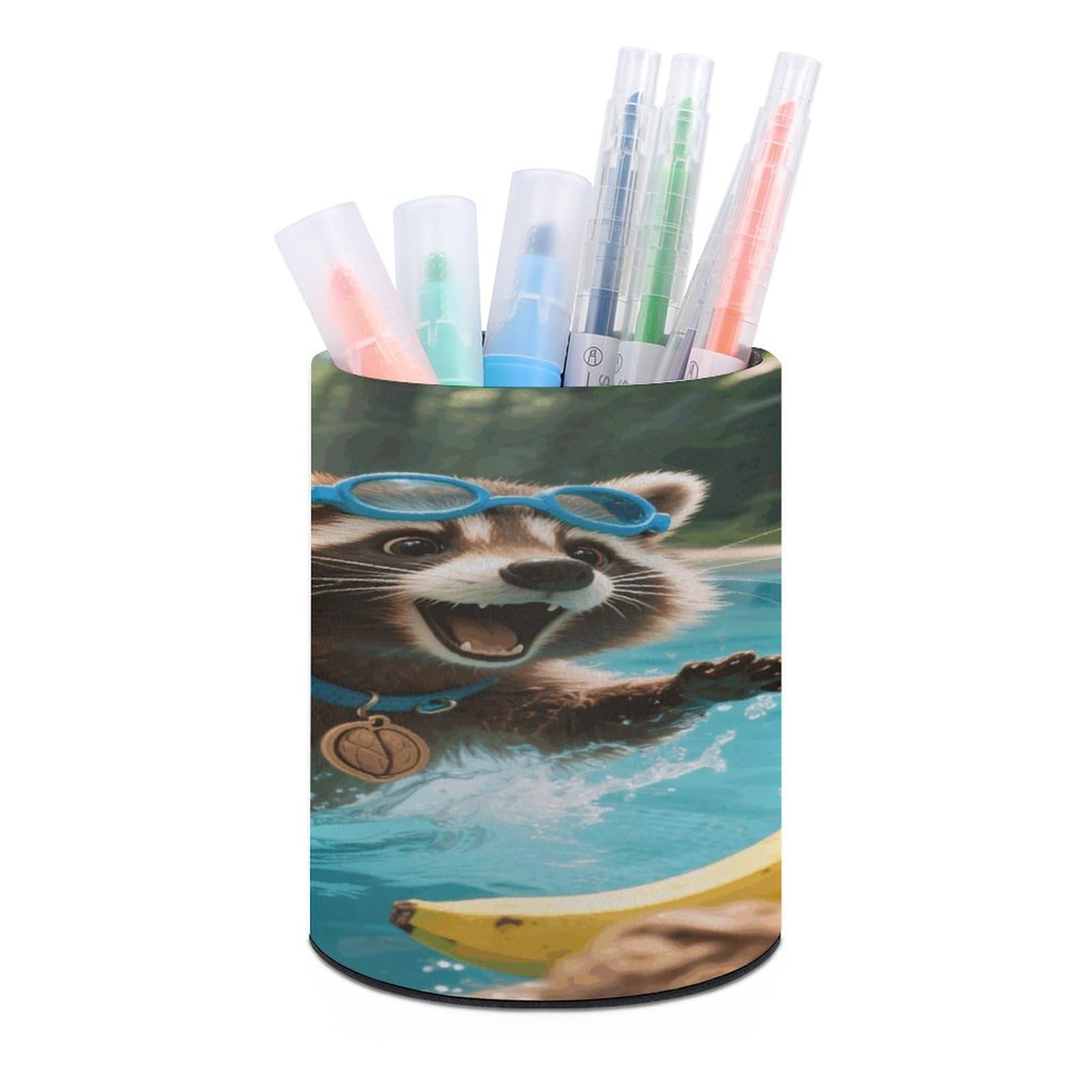 VstaDank - Round Raccoon Pencil Holder Pool Pencil Holder PU Leather Desk Organizer Stand for Desk Desk Decor Desk Office
