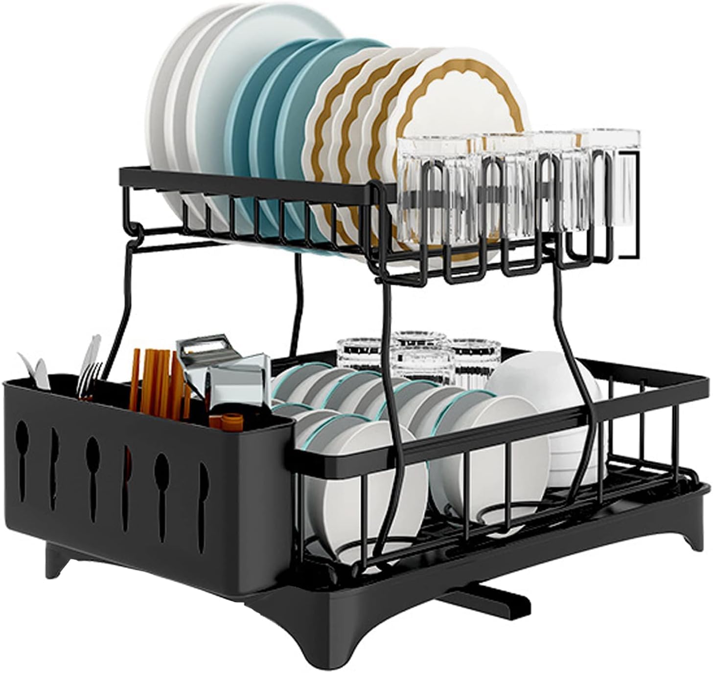 Kitchen Counter Dish Drainer 2 Tier Large Kitchen Drying Rack with Drainer Anti-Rust Stainless Steel Dish Drainer with Cup Utensil Holder.