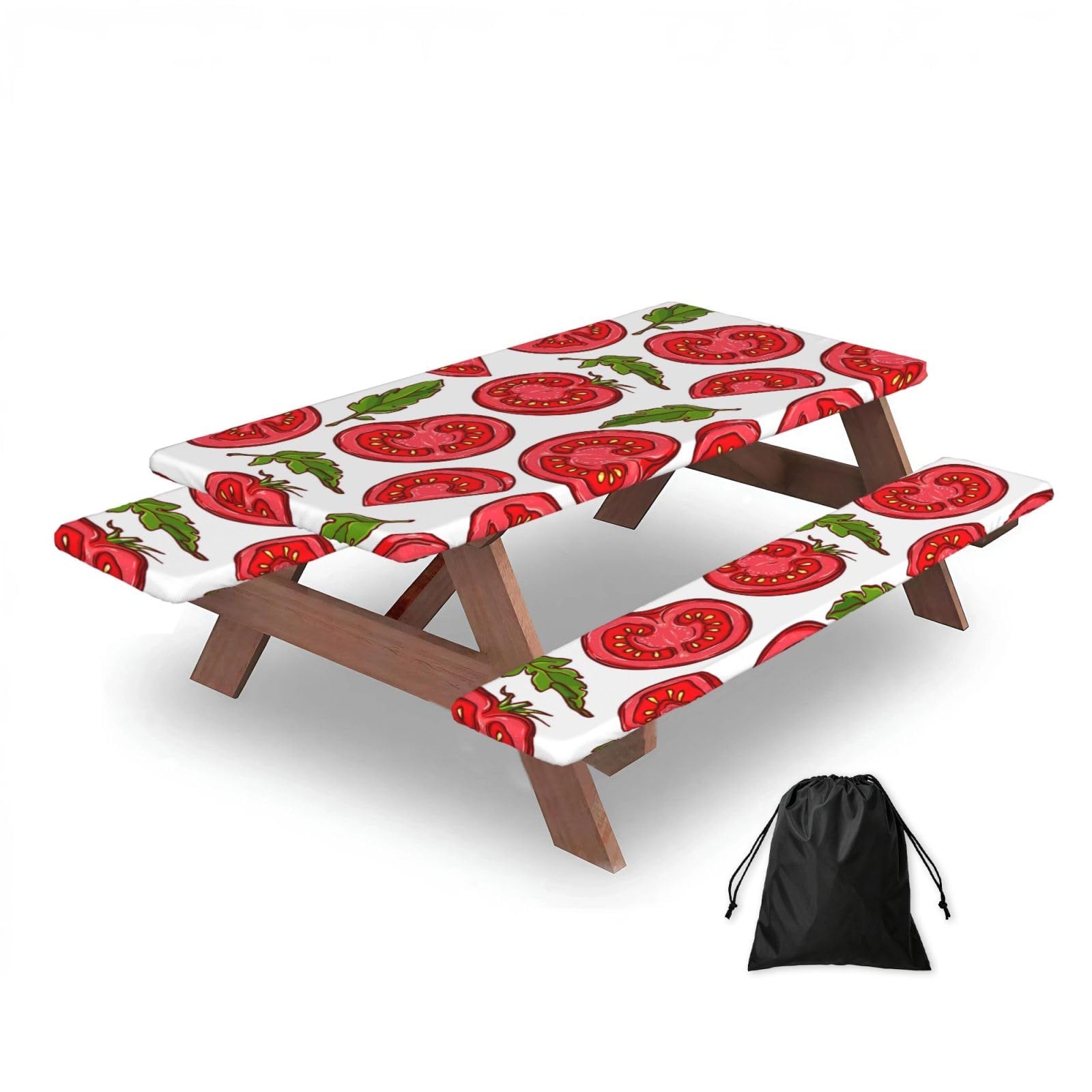 Dopklna As Picture Cartoon Of Tomato Leaves Pattern, Picnic Table Cover With Bench Covers -Waterproof Elastic Fitted Tablecloth For Garden Camping Patio 76X152cm