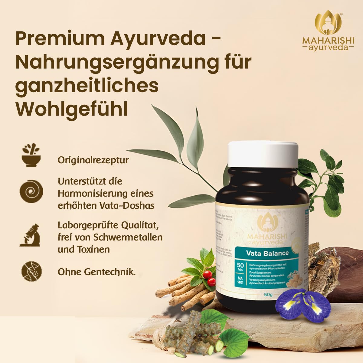 Maharishi Ayurveda Vata Balance | MA 1401 | Nahrungsergänzungsmittel aus Indien | Frucht und Kräuterzubereitung | mit Ashwagandha | 50 Tabletten | 1er Pack