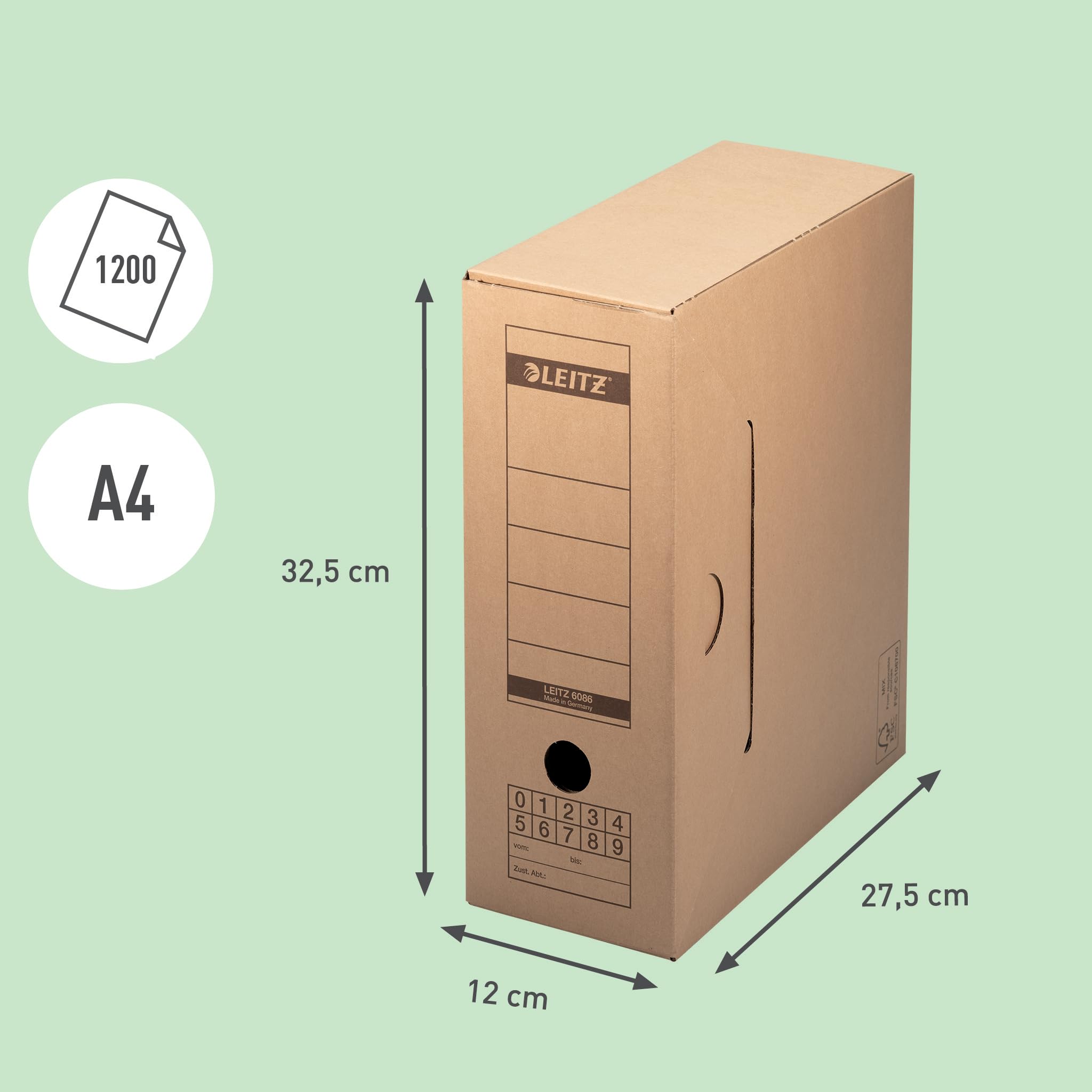 Leitz Premium Archiv-Schachtel mit Verschlusslasche, 120 mm Rückenbreite, Aktenkarton A4, Aufbewahrungsboxen für 15 Hängemappen, 100 % recycelbar, Faltbare Kartonverpackung, 10 Stück, Braun, 60860000