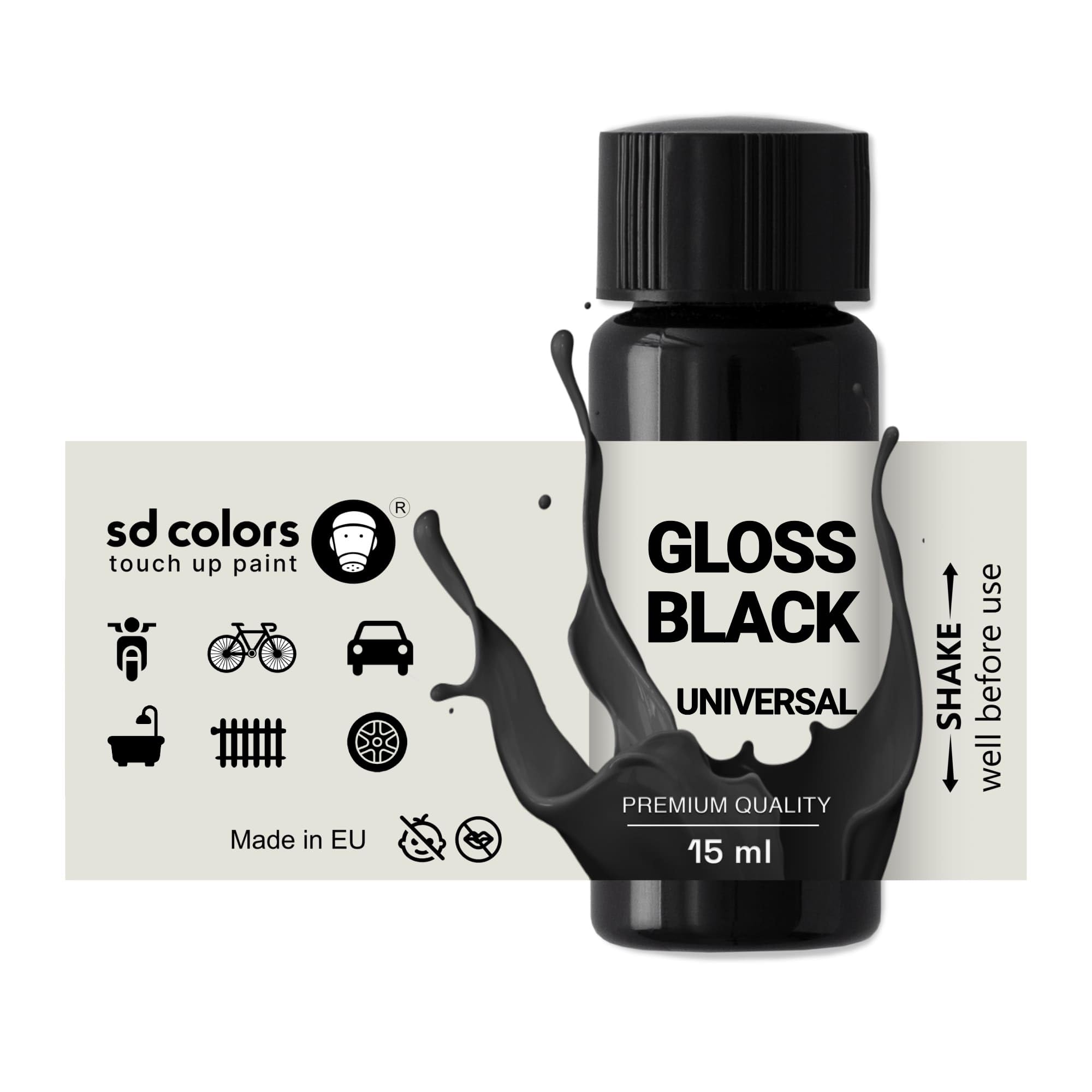 SD COLORS TOUCH UP PAINT UNIVERSAL GLOSS BLACK 15ml for Repair Stone Chips Scratches Car Moto Scooter Alloy wheels