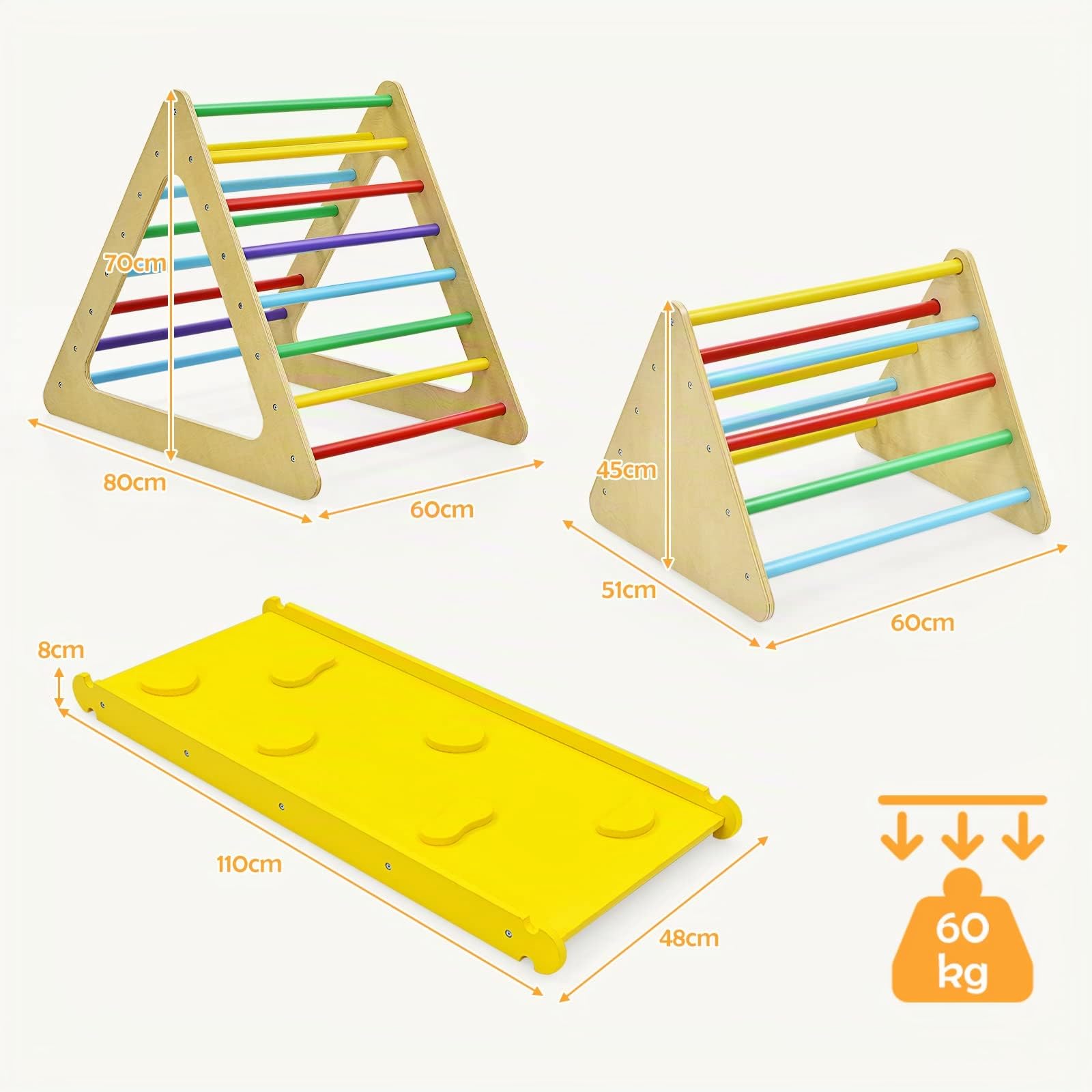 DREAMADE 3 in 1 Kletterdreieck mit Rutschbrett & Leiter, Indoor Klettergerüst klappbar, Holzdreieck Sprossendreieck Klettergerät, Kletterspielzeug Set aus Holz, für Kinder ab 3 Jahre (Bunt)