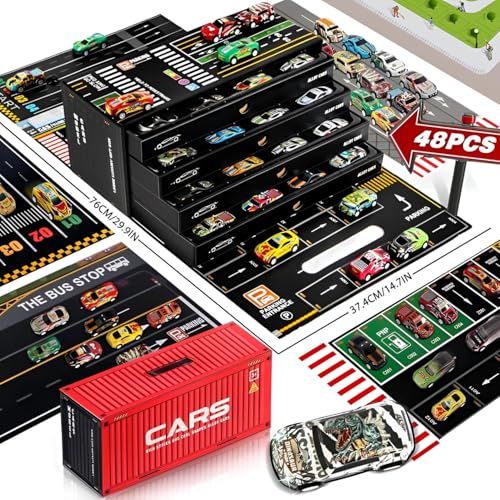 Image of 48 Pull Back Race Car Toy, Container Storage Box, Die Cast Metal Toy Car,Learning & Educational Mini Cars, Racing Pattern, Race Party,Small Cars for Kids Boys, Girls Toddlers 3+ Years Old