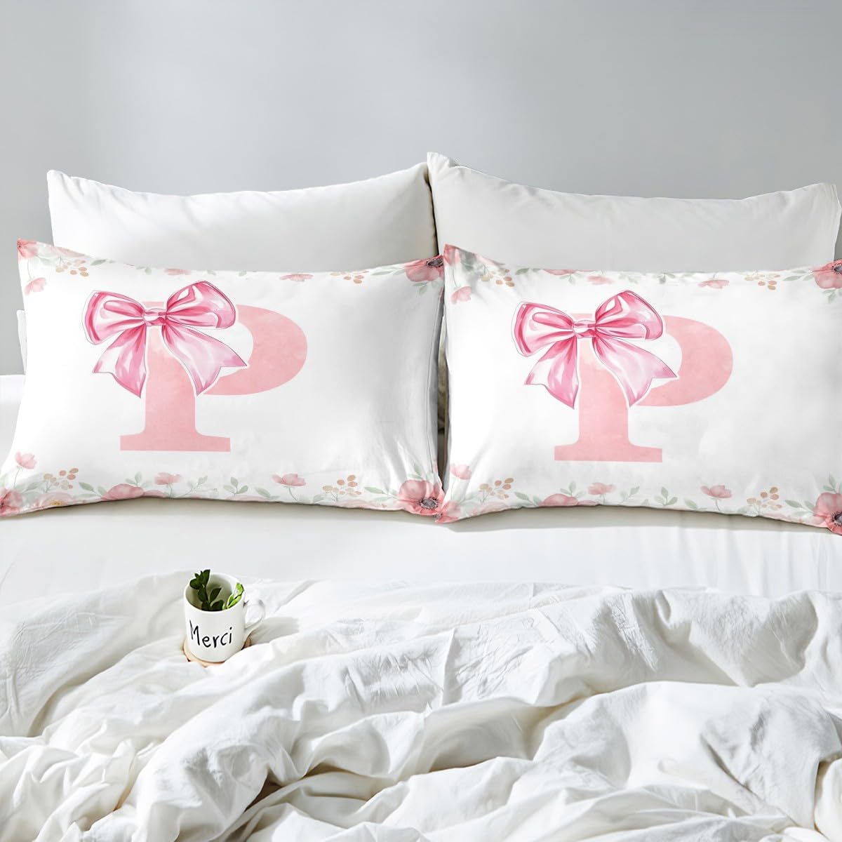 Initial Letter P Bow Bedding Sets For Kids Girls Teen Women,Pink Girly Bowknot Duvet Cover Single Cute Fantasy Princess Bed Set Romance Flower Floral Comforter Cover Zipper Closure - Image 4
