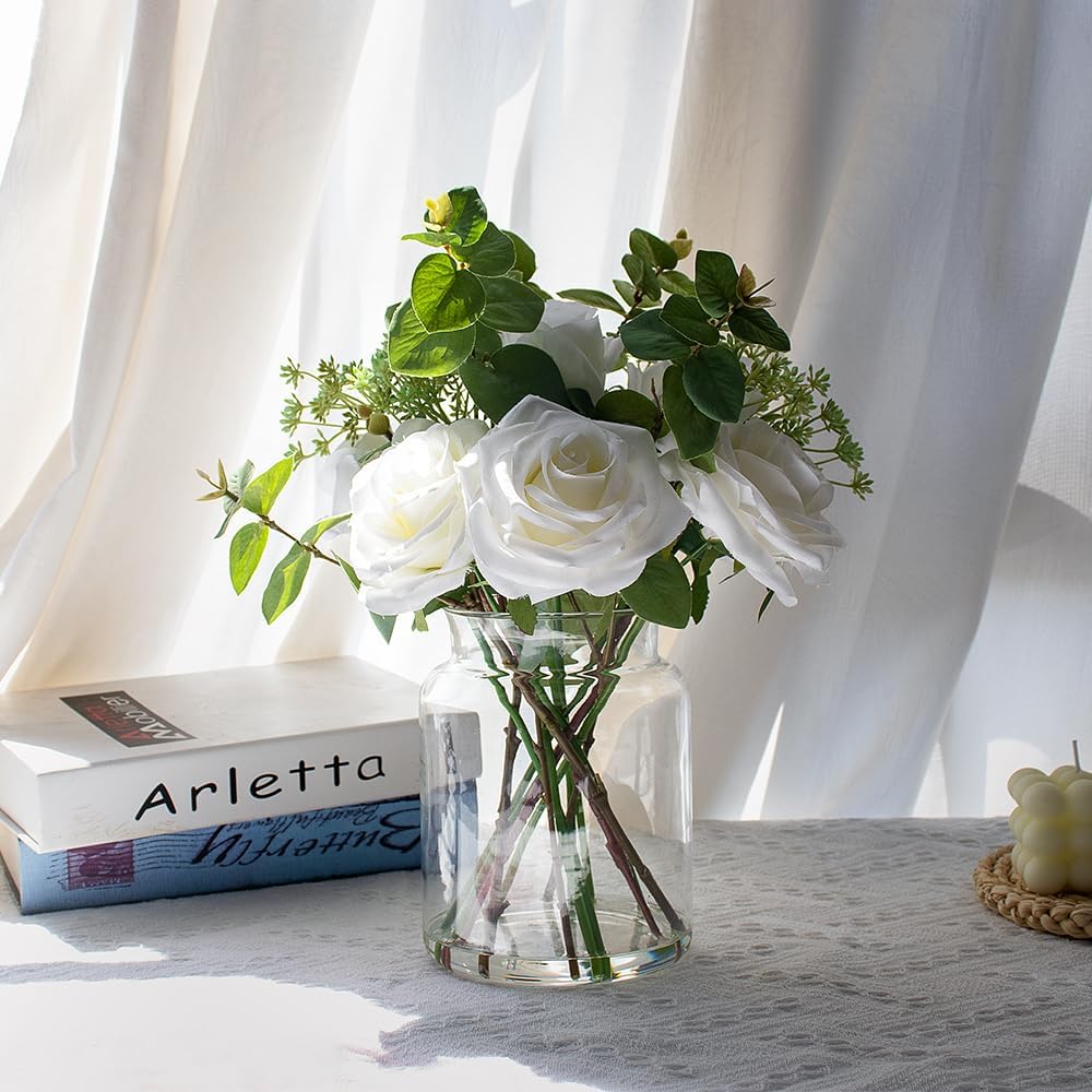 Fake Flowers in Vase with Faux Water - Artificial White Roses & Eucalyptus Arrangement for Farmhouse Dining Table Centerpiece Home Office Coffee Table Decor