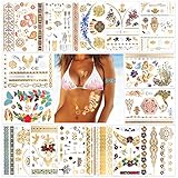 Metallic Temporäre Tattoo für Frauen Kinder Mädchen, Konsait tätowierung Wasserdicht Aufkleber Körper Gefälschte Schmuck Tattoos Arm Schulter Brust und Rücken, 200 + Design (14 Blätter)