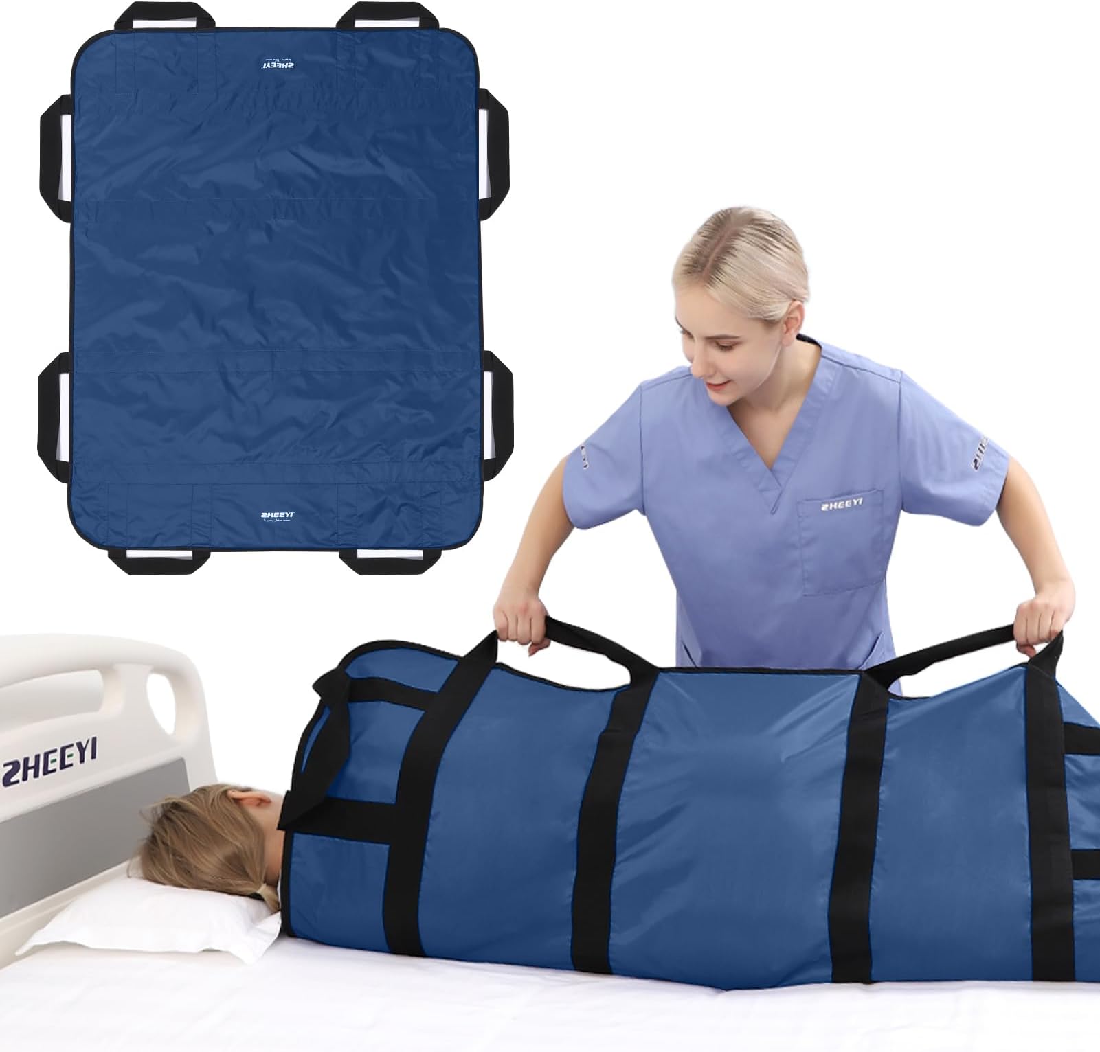 Multipurpose 48" x 40" Positioning Bed Pad with Reinforced Handles - Reusable & Washable Transfer Sheet for Turning, Lifting & Repositioning - Double-Sided Nylon Fabric, Navy Blue