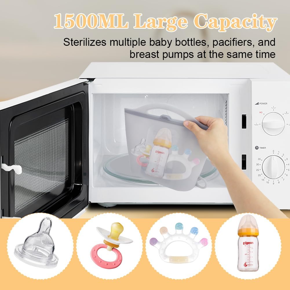 Silicone Microwave Steam Sterilizer Bag 1500ML Reusable Steaming Bags for Baby Bottles, Breast Pump,Pacifiers and Teethers，Breast Feeding Baby Travel Accessories