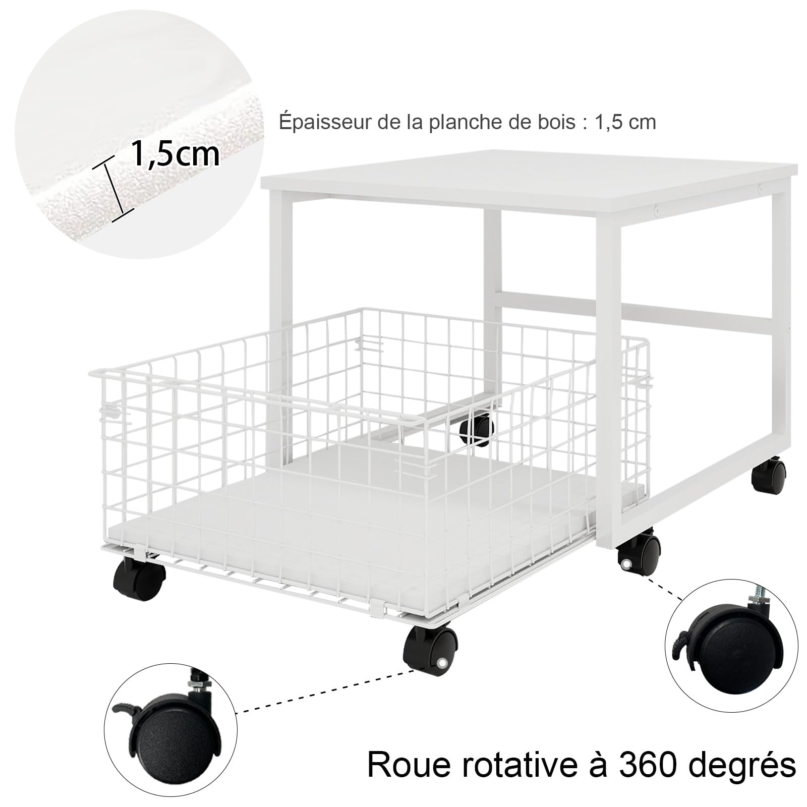 PUNCIA Support de Réfrigérateur Mobile avec Grande Capacité (Blanc) | Plateau de Mini Frigo Portable et Stockage Table avec 4 Roues Armoire Panier à Tiroir Roulant 50x50x43cm pour Chambre Cuisine