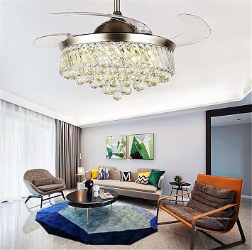 42 Crystal Ceiling Fan with Light and Remote 3 Led Colors 3 Fan Speeds Changeable Fandelier Retractable Invisible Blades Ceiling Fans Modern Led Light Fixture for Living Room Silver