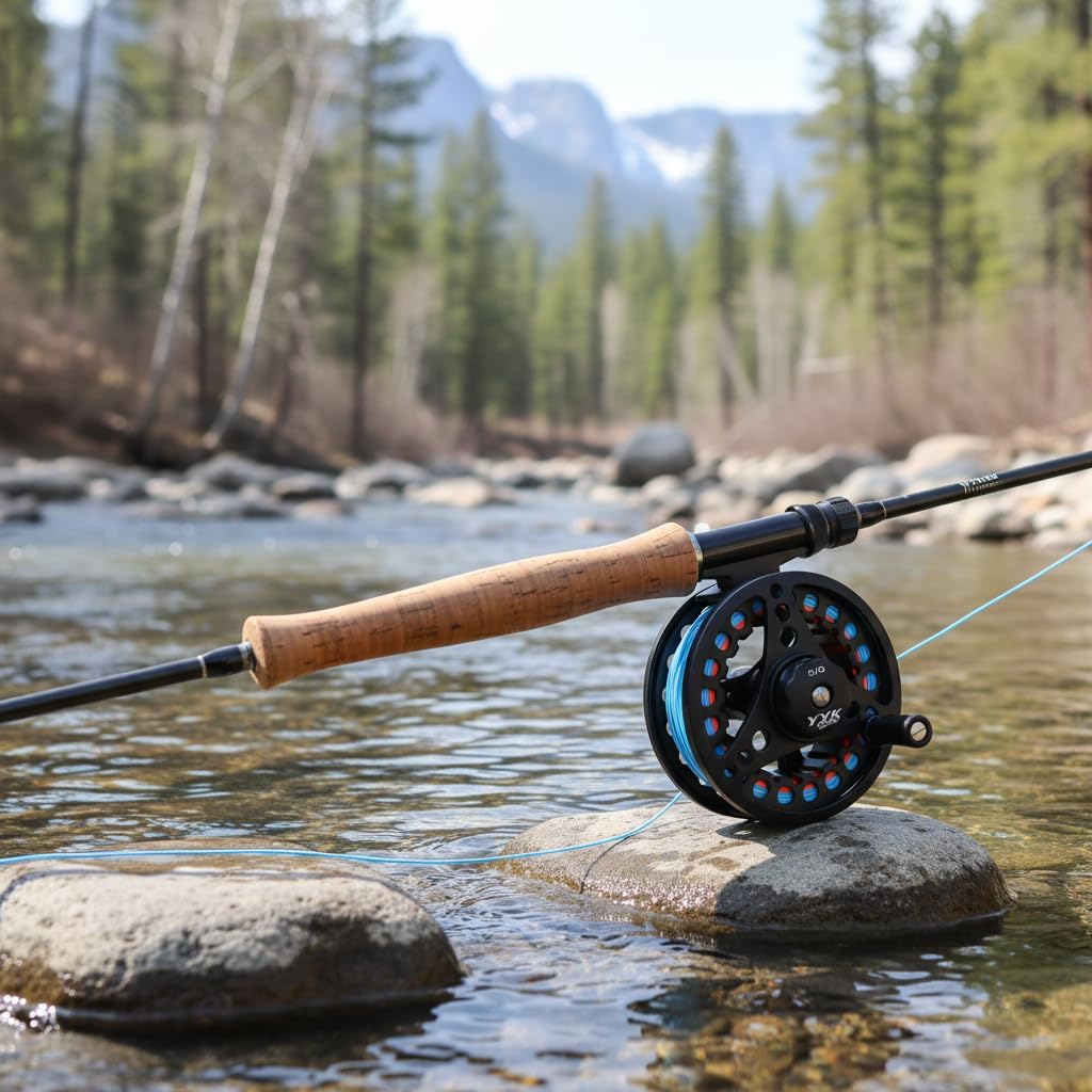 YYKBlueSky 5/6 Weight Fly Fishing Reel, Die-Cast Aluminum/Plastic Frame Optional, Smooth Drag System, Lightweight, Pre-Loaded Line(Including WF5F Fly Floating line+20LBS Backing line+4X Taper Leader)