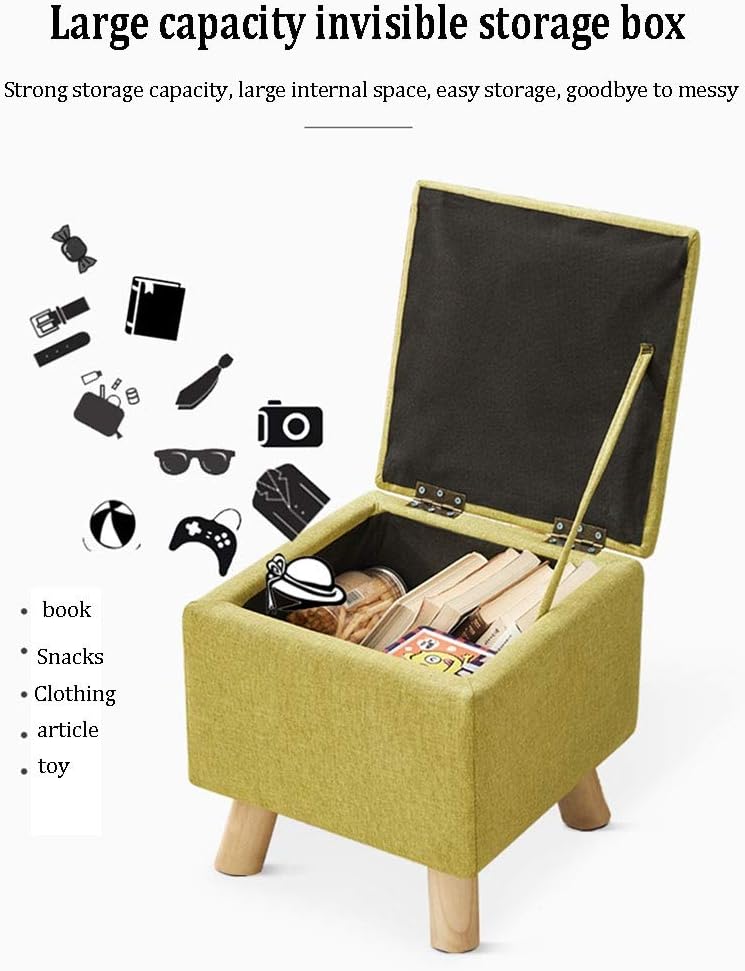 木製の脚付き折りたたみ式オットマン収納ボックス - スタイリッシュなリネンフットスツール 高弾性スポンジプーフ ブルー 33x33x