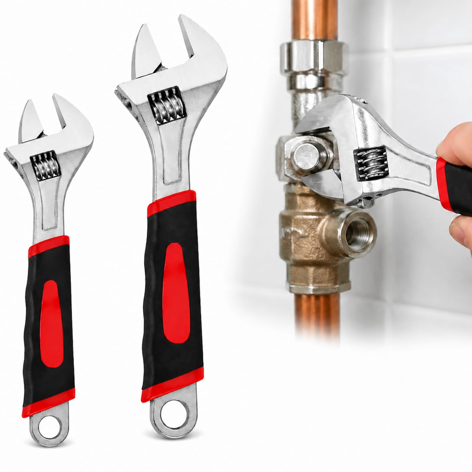 VATRQZMN 2PCS Adjustable Wrench Set with Soft Grip, 2 Sizes Carbon Steel Spanner Set, Multifunctional Shifter Wrenches for Plumbing, Home Repair, Building and Machinery Maintenance (8"+12")