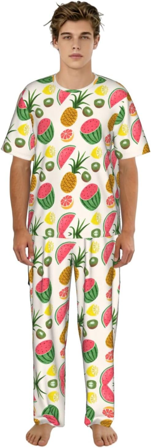 Men'S 2 Piece Loungewear Pajama Set Tropical Fruits Print Short Sleeve Tee Top And Pants Set S-3xl