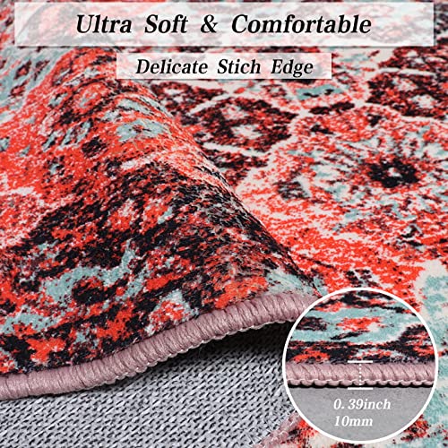 Boho Hallway Runner Rug 10Ft - Non-Slip Washable Hallway Runner Rug, Distressed Vintage Faux Wool Soft Fuzzy Rug, Long Ultra Soft Kitchen Runner Rug, Boho Chic Floral Medallion Design (Red, 2X10Ft) #TOP3