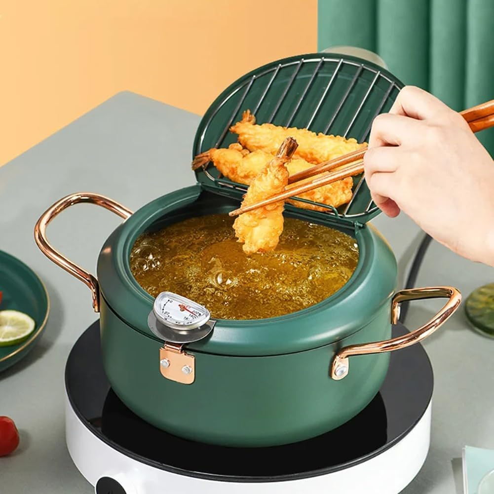 Green Deep Fryer Pot, Tradtional Japanese Tempura Fryer, Mini Deep Fryer for Couples, Camping Multifunctional Cooking Pot, Comes with Non-Stick Coating,2.2l