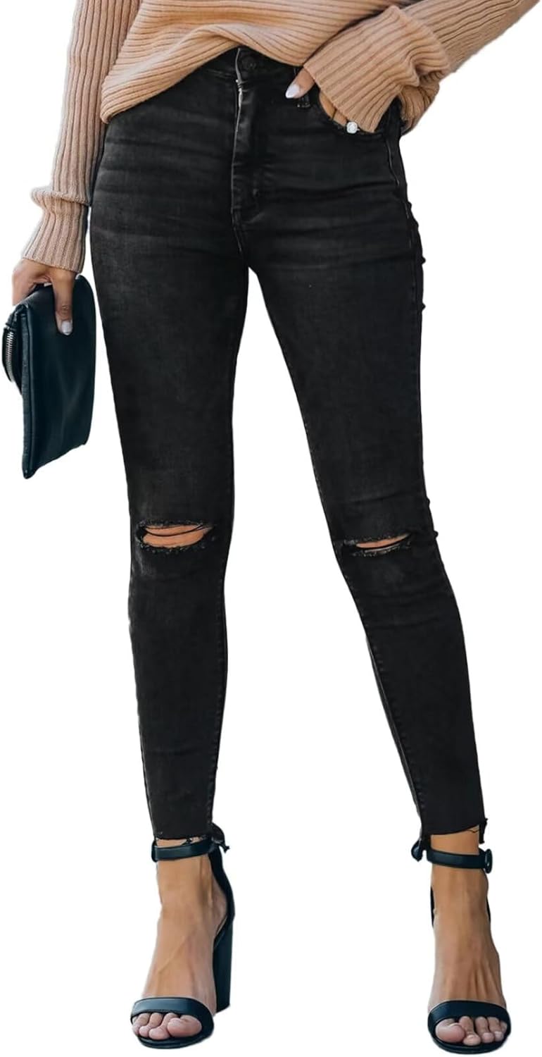 Allimy Women's High Rise Skinny Stretch Ripped Jeans High Waisted Destroyed Denim Pants - Image 2