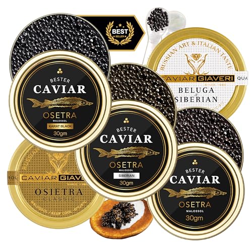 BESTER CAVIAR Expert Sampler Set (5 x 1.06 oz) – Caspian, Royal & Classic Osetra, Siberian, and Beluga Hybrid Samplers – Caviar Serving Set with 2 Blinis, Crème Fraîche & 5 Spoons
