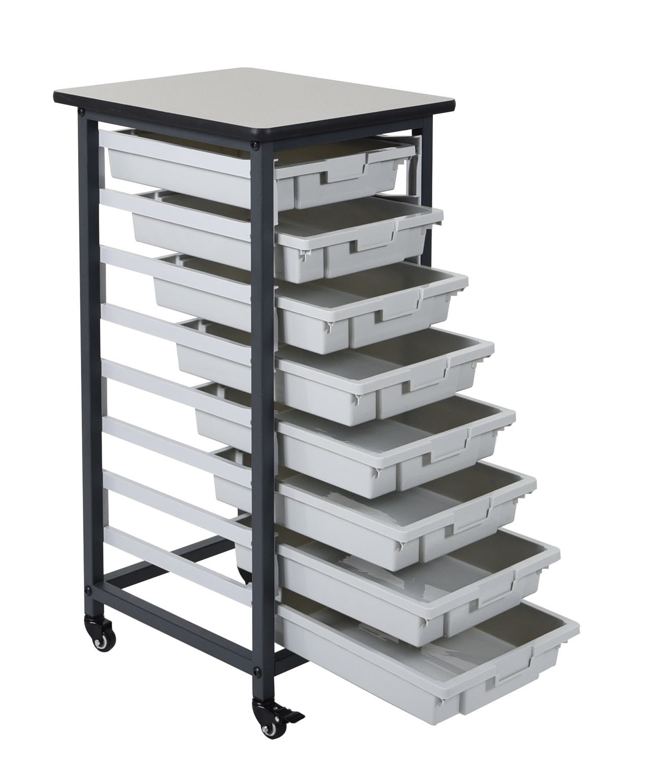 LUXOR MBS-SR-8S Mobile Bin Storage Unit - Single Row with Small Gray Bins