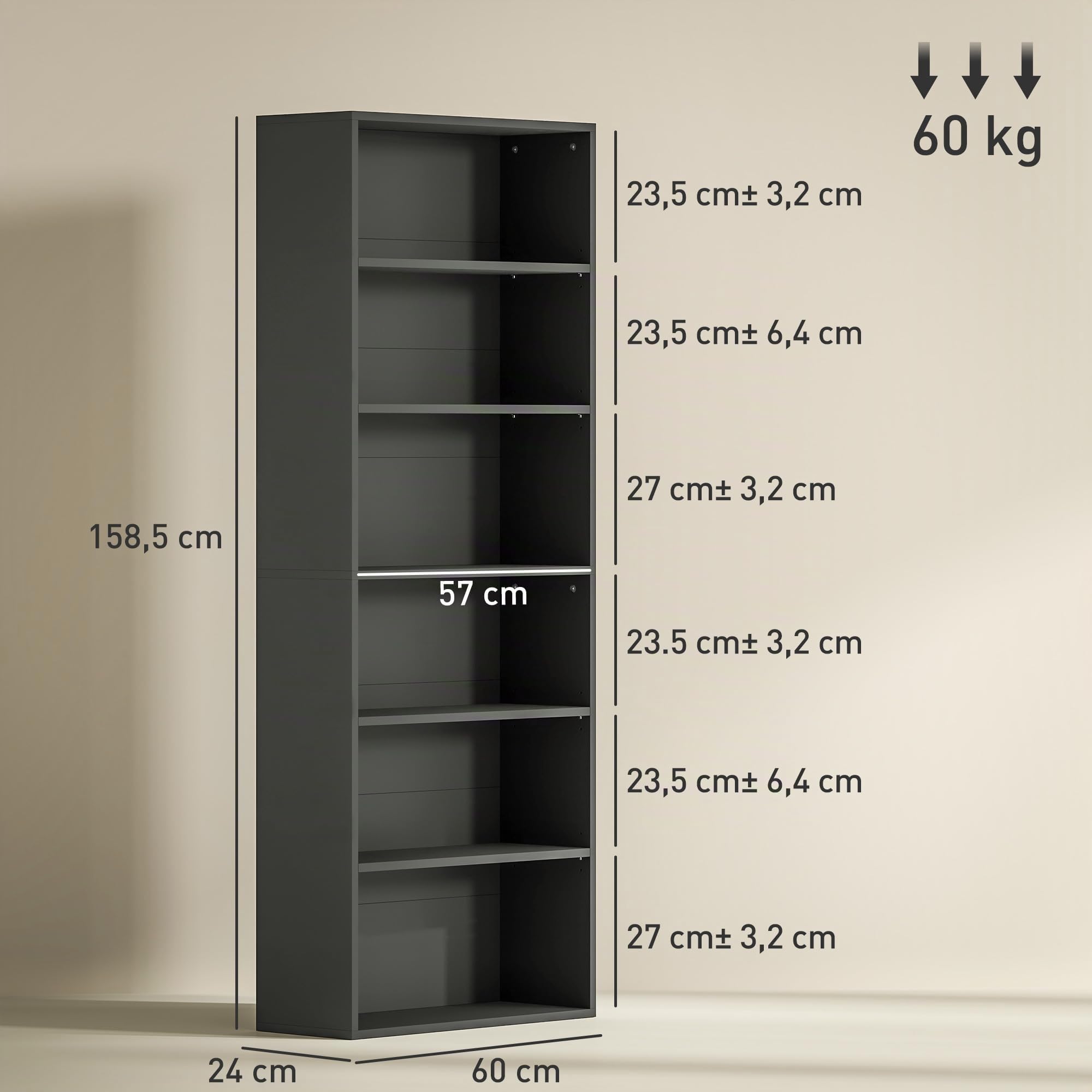 HOMCOM Bibliothèque Étagère de Rangement 60x24x158,5cm Noir | Avec 6 Compartiments, Étagère Réglable, Meuble de Rangement, pour Bureau, Salon, Chambre