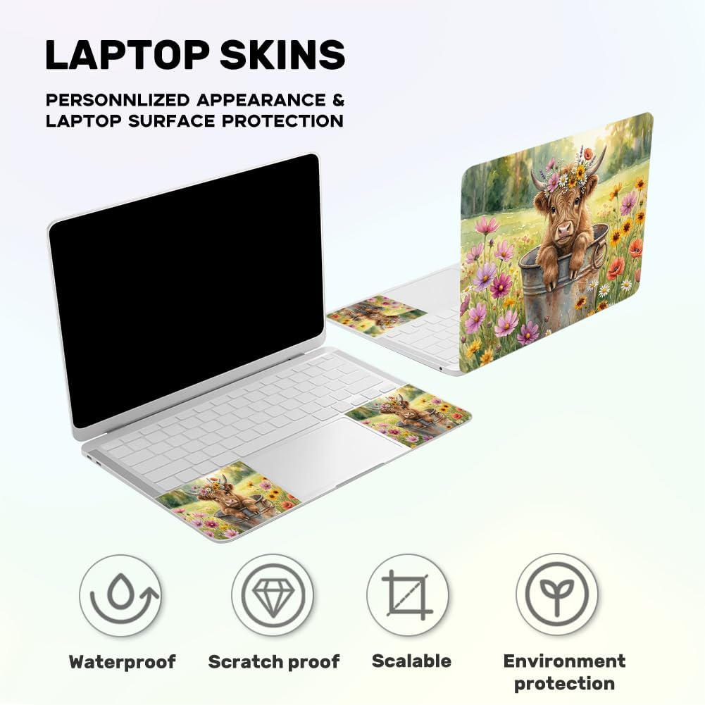 Laptop Skin Sticker Decal Cute Cow PVC Vinyl Sticker Notebook PC Protector Waterproof Scratch Resistant Laptop Skin for 12.1 13 13.3 13.6 14 15 15.3 16 Inch Highland Cow