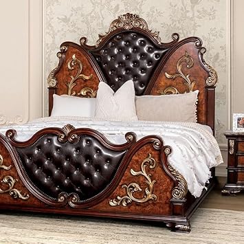 Traditional Eastern King Bedroom Furniture Dark Cherry Oak - Upholstered Leatherette Bed Diamond Tufted Headboard Stone Top -Storage Gold Carved Elegant Design