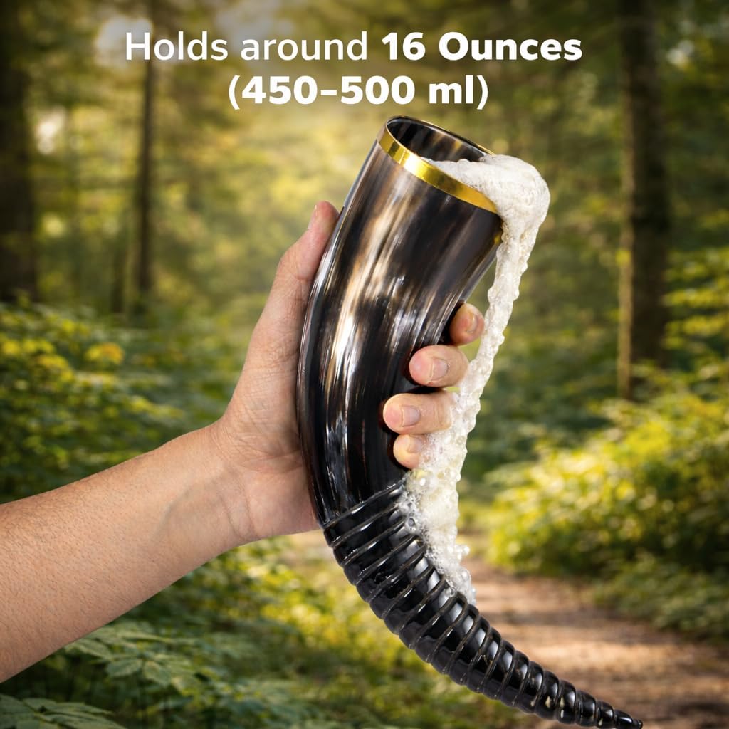 Divit Genuine Viking Drinking Horn with Iron stand | Authentic Medieval Beer Drinking Horn | Brass Adornments & Burlap Gift Sack Included | 16 oz capacity (Swirl Carved, Polished)