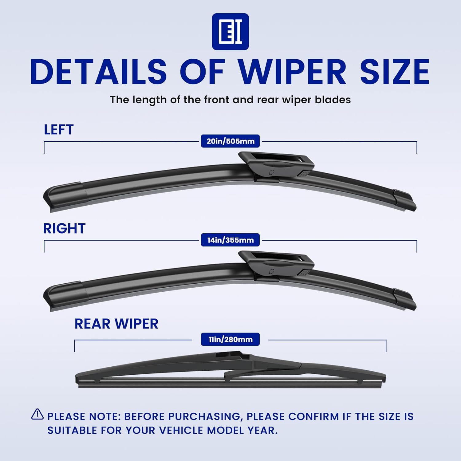 EMITHSUN® Windshield Wipers Replacement for Smart Fortwo Coupe 4-Door 2020 2019 2018 2017 2016 2015 2014 Premium All Weather Front Rear Wiper Blades Set - OEM Quality (Pack of 3)