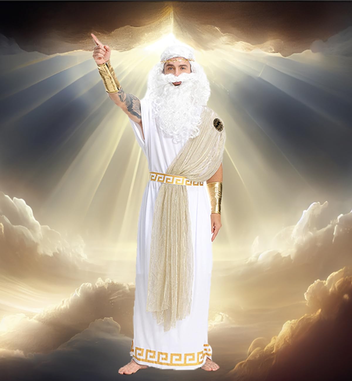 Men Zeus Toga Costume Adult Ancient Greek God Halloween Cosplay Outfit, White Roman Toga with Wig and Beard