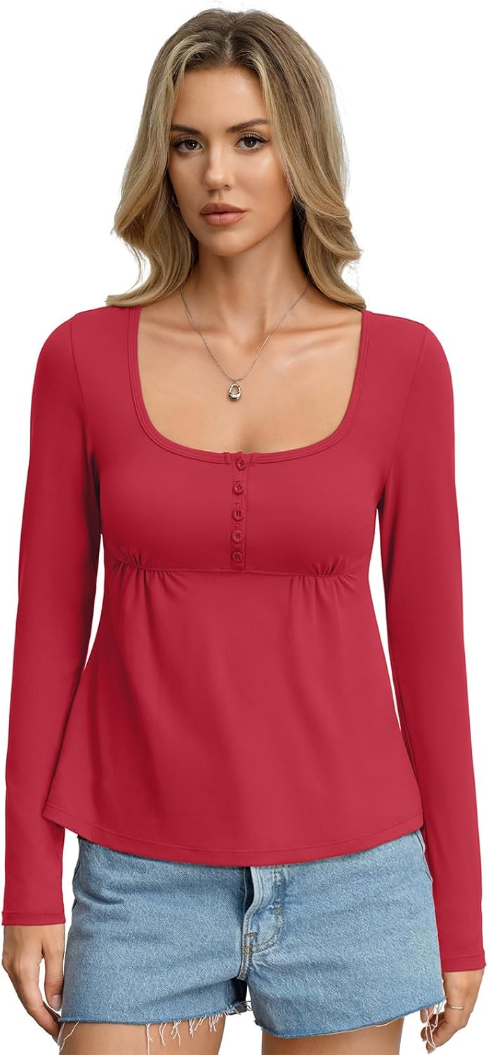 Womens Babydoll Long Sleeve Peplum Tops Sexy Y2k Square Neck Henley Shirts Cute Going Out Top Winter 2026 - Image 3