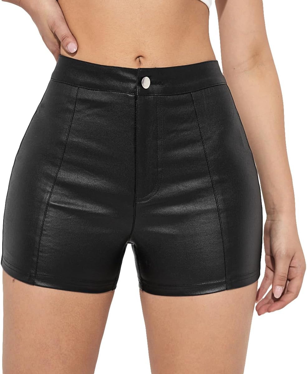 SweatyRocks Women's Faux Leather High Waist Straight Leg Skinny Shorts Stretchy Denim Shorts - Image 6