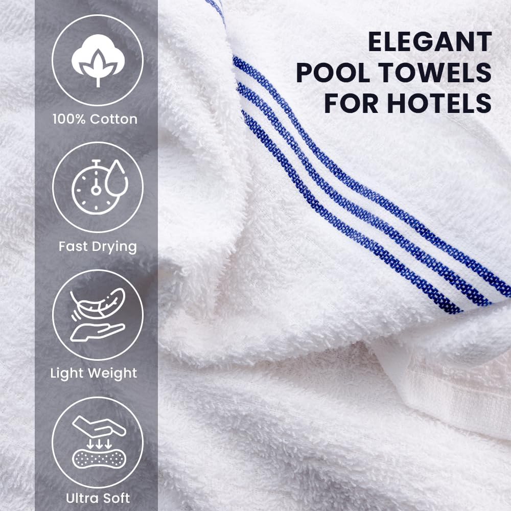 Three Stripe Extra Large Bath Sheets 30 x 60 Pack of 60 – 100% Cotton 5 Dozen Bulk Pool Towels – Ultra Soft, Highly Absorbent, Durable & Fade-Resistant – Perfect for Hotels, Resorts, Spa & Water Parks