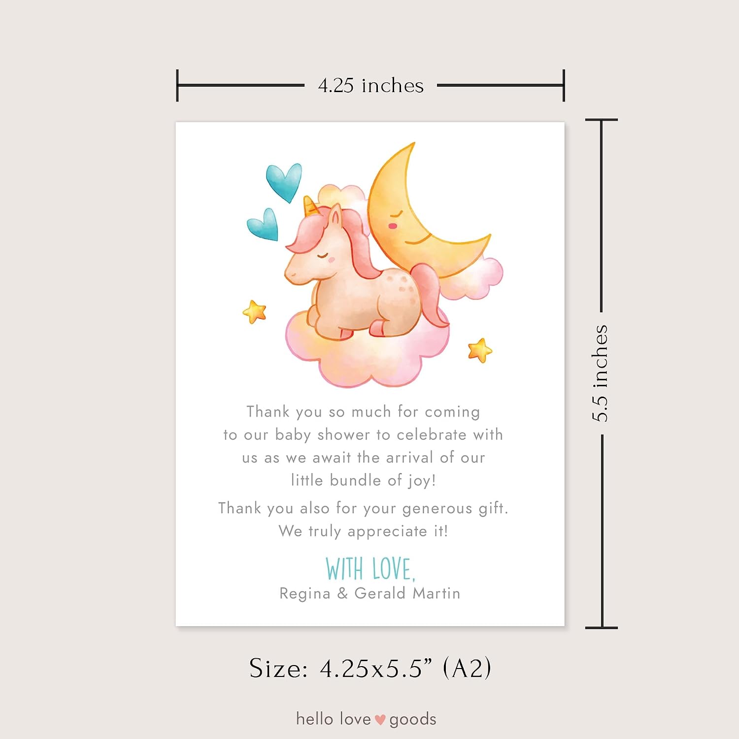 Unicorn on Cloud Baby Shower Thank You Cards with Names and Message, 4.25x5.5 Personalized FLAT Thank You Cards with Moon and Stars, Envelopes Included