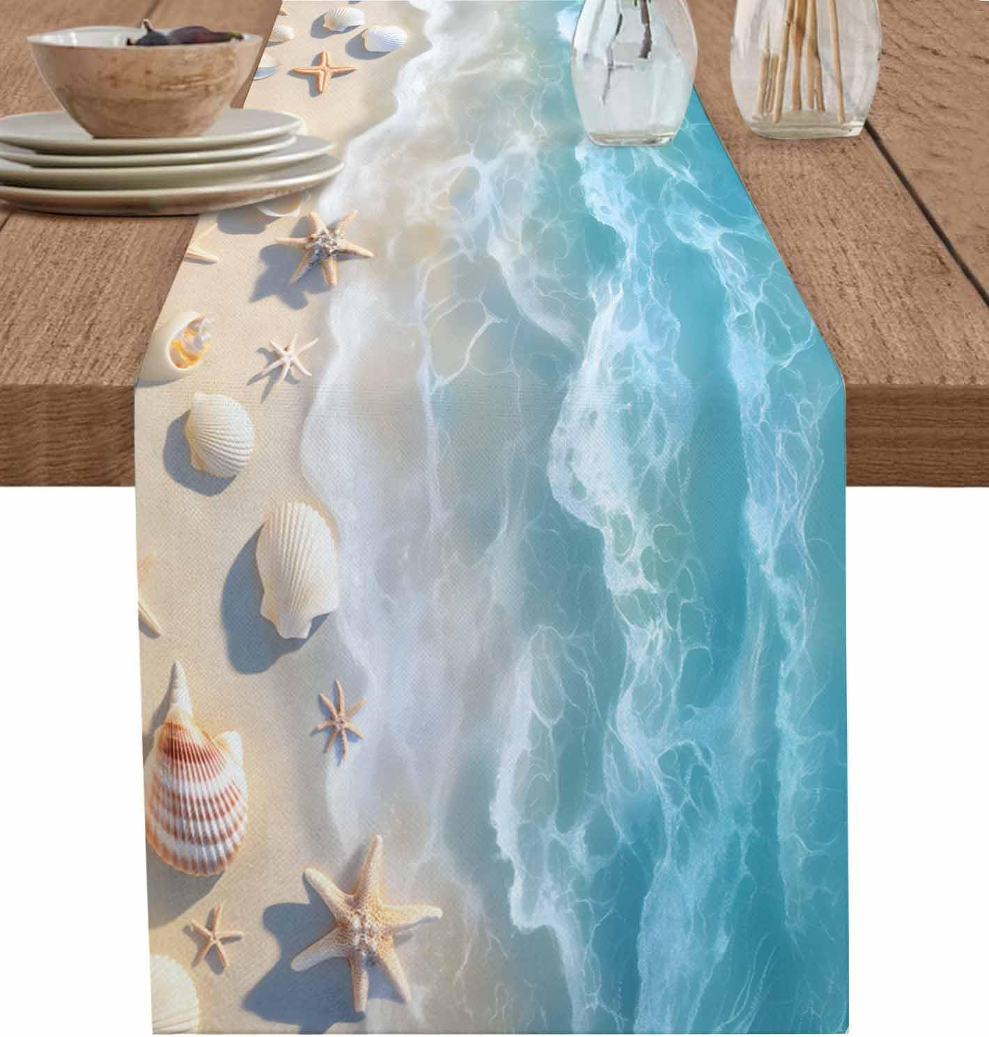 Ocean Table Runners 70 Inches Long Summer Beach Starfish Shell Table Runner for Family Dinner/Wedding/Outdoor Indoor Party, Cotton-Polyester Blend Dresser Scarf Table Decorations